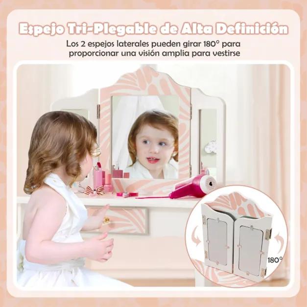 Toucador maquiagem infantil com banco de madeira 2 em 1 com espelho tríptico removível e gaveta conjunto de mesa princesa rosa