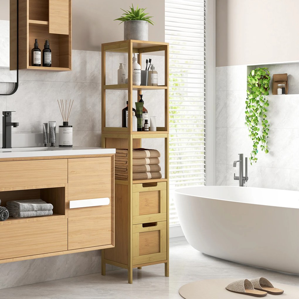 Coluna Casa de Banho com 3 Prateleiras e 2 Gavetas Armário Alto para Casa de banho Estilo Moderno 30x30x144,3 cm Madeira