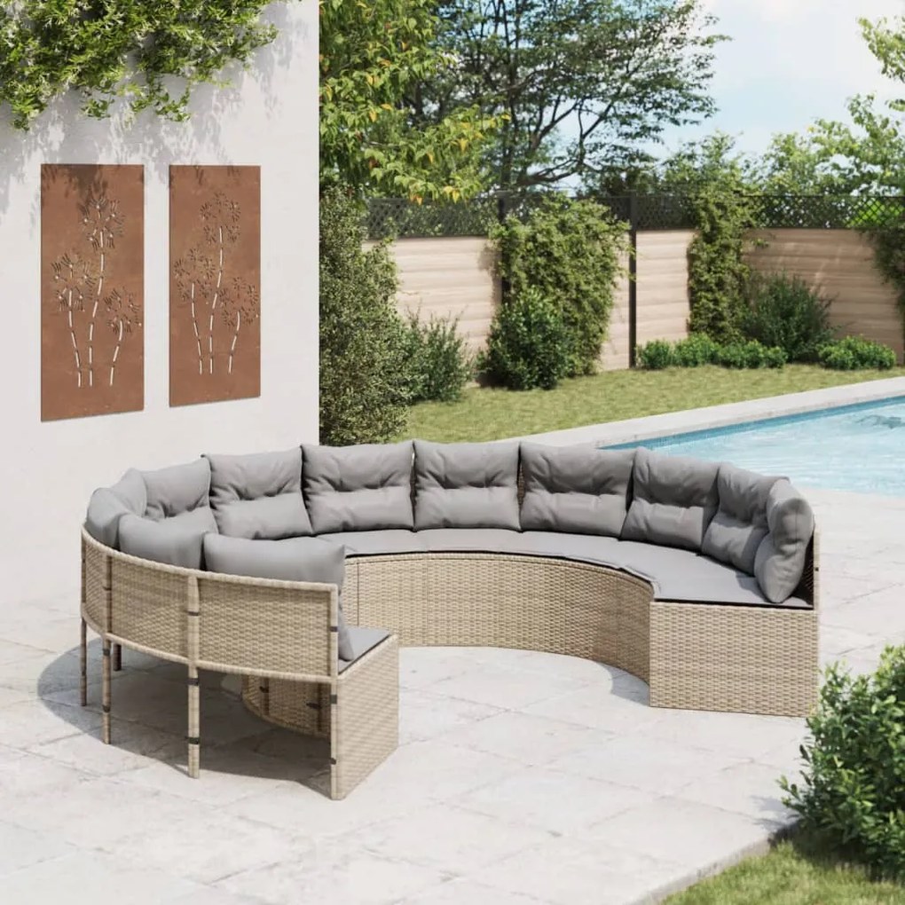 vidaXL Sofá de jardim com almofadões redondo vime PE bege