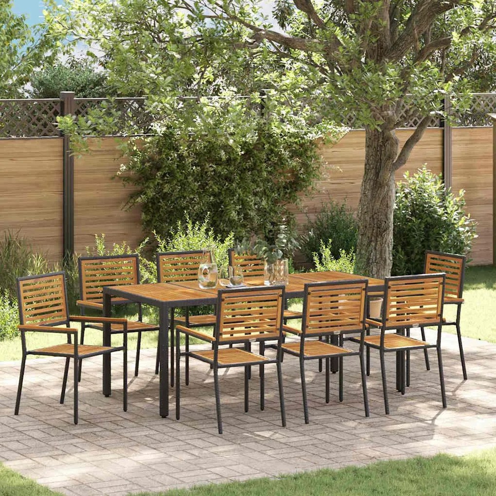 vidaXL Conjunto de Jantar de Jardim com 9 Peças em Rattan Sintético Preto e Acácia