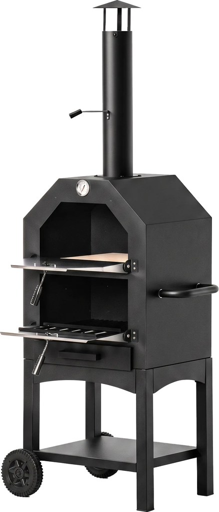 Outsunny Forno de Pizza Exterior com 2 Camadas Forno a Lenha com Rodas Gaveta Removível Prateleira para Jardim 64x54x160 cm Preto | Aosom Portugal
