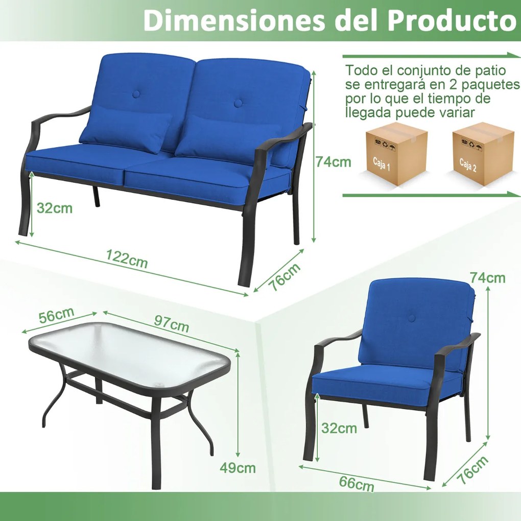 Conjunto de móveis jardim de 4 peças com 2 cadeiras Cadeira individual sofá de 2 lugares Mesa de vidro temperado para jardim Varanda Terraço Azul