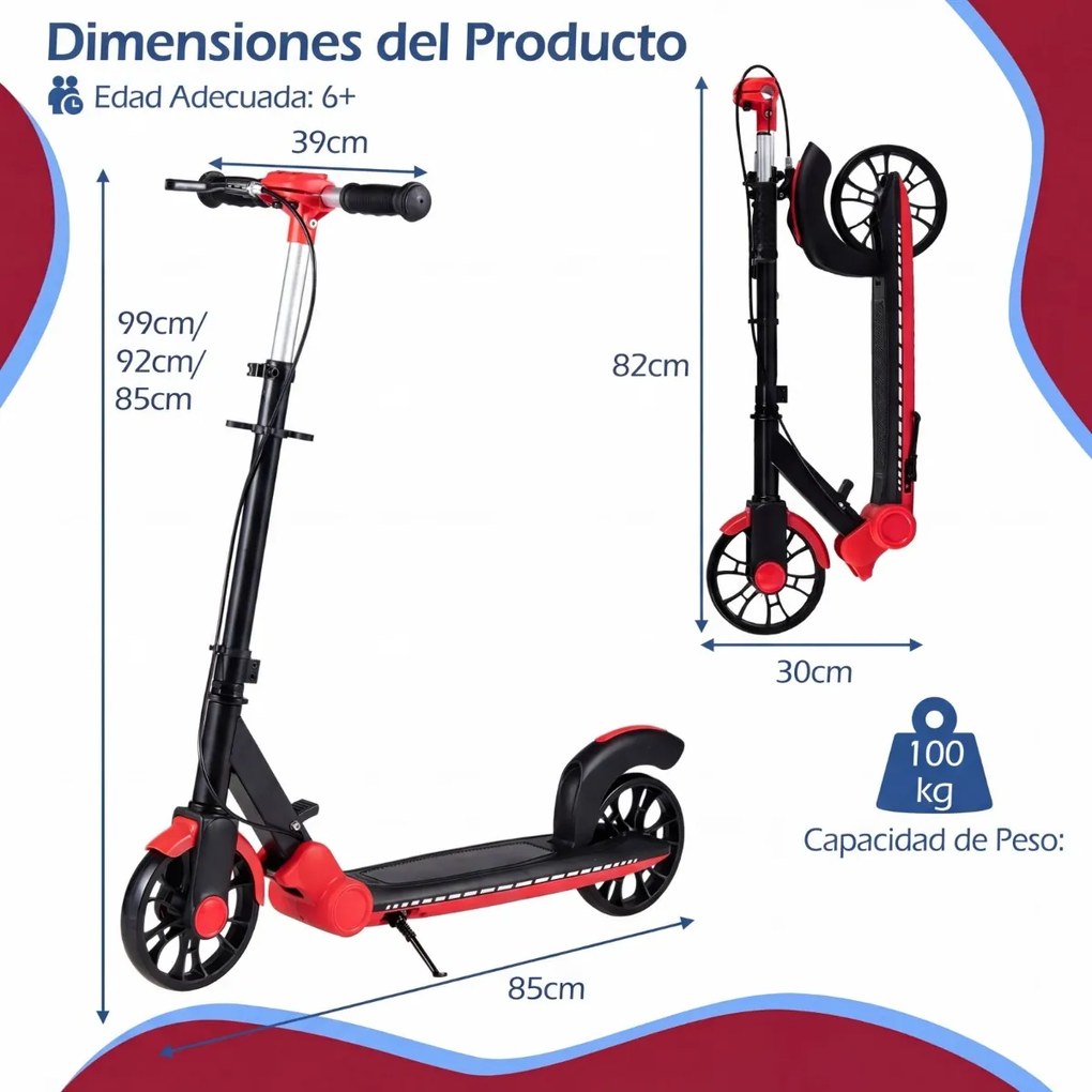 Trotinete dobrável para crianças +6 anos 2 rodas iluminadas com Guiador ajustável em 3 alturas Plataforma antiderrapante Vermelha