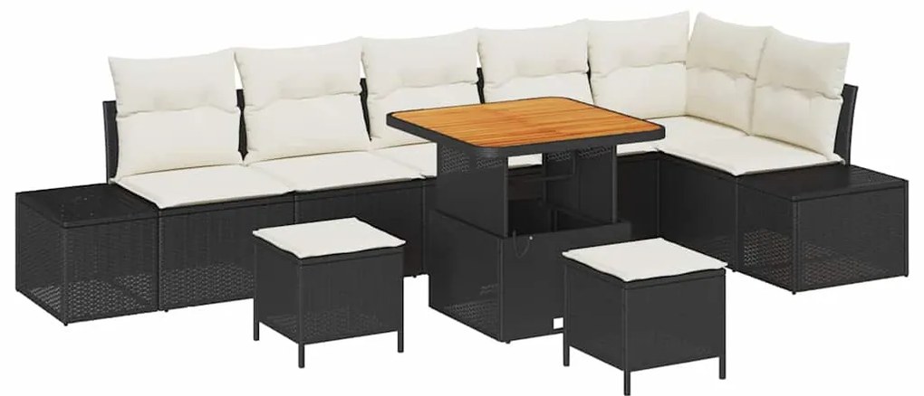 Conjunto de Sofá de Jardim 9 Peças com Almofadas Pretas, Rattan Políme