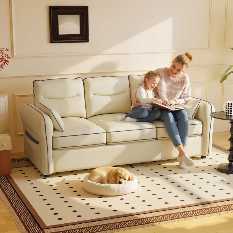 Sofá de 3 Lugares Sofá de Sala Moderno 190x85x80 cm Estofado em Couro Sintético com Bolso Lateral e 2 Almofadas Bege