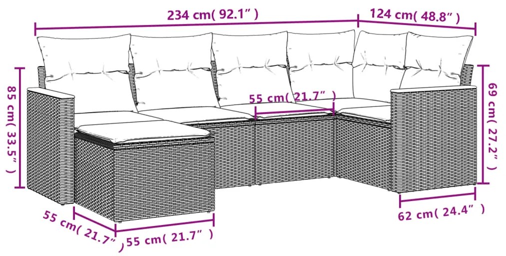 6 pcs conjunto de sofás p/ jardim com almofadões vime PE bege