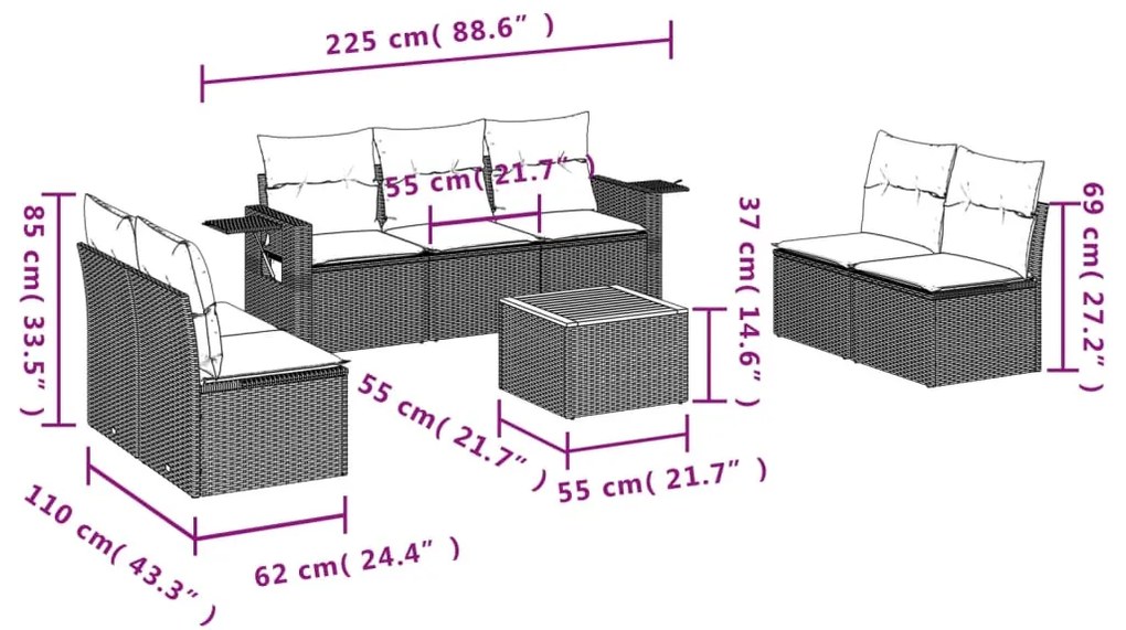 8 pcs conjunto sofás de jardim c/ almofadões vime PE cinzento