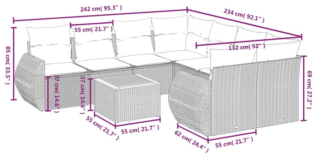 9 pcs conjunto sofás p/ jardim com almofadões vime PE cinzento