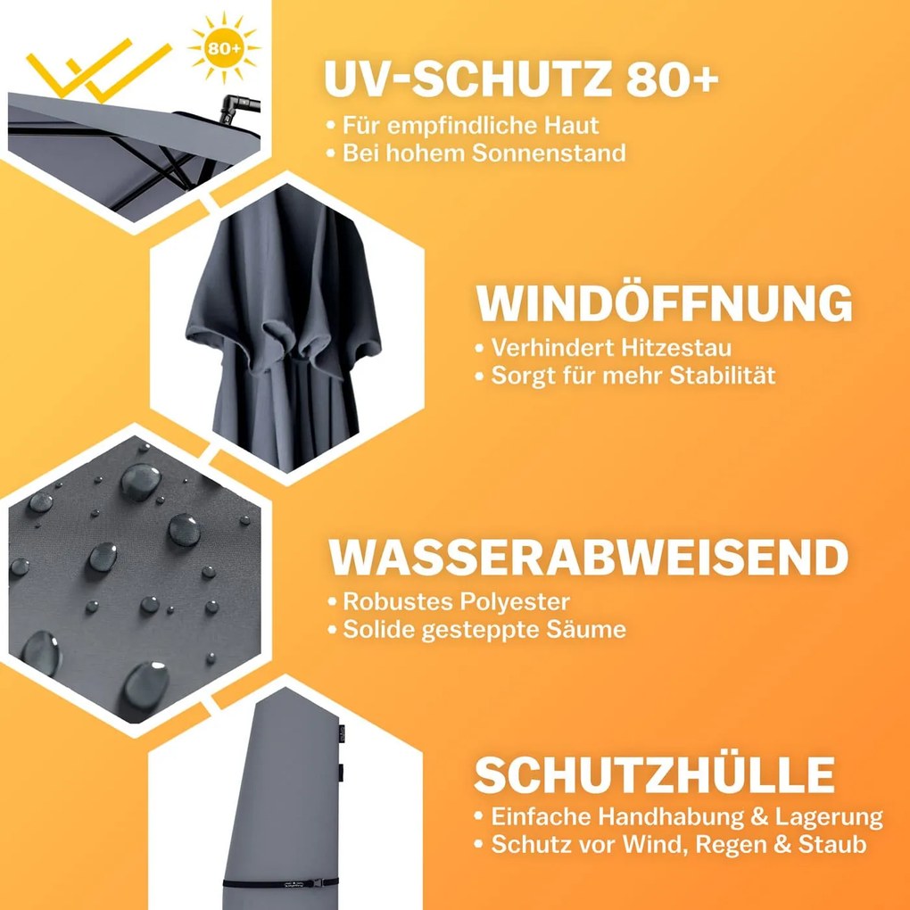 Guarda-sol cantilever em alumínio Ø300cm Proteção UV 80+antracite