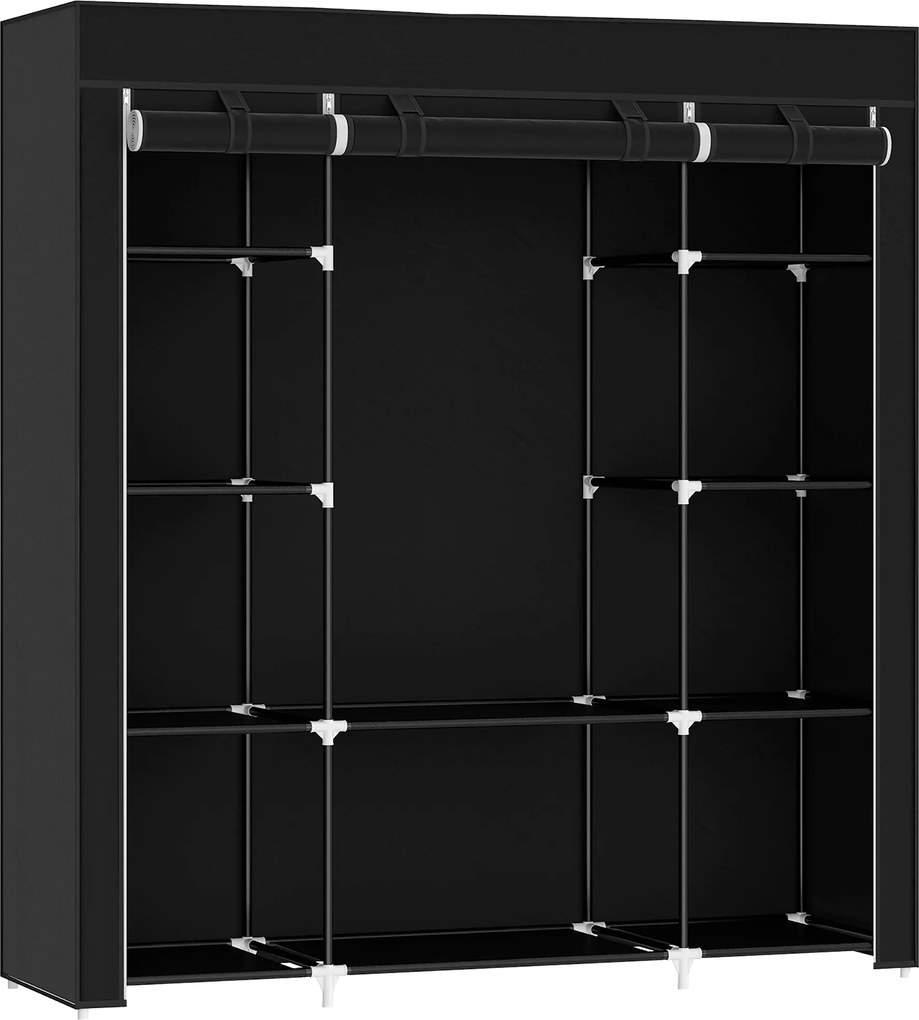 HOMCOM Roupeiro em Tecido com Barra, 10 Prateleiras, Cobertura com Fecho e Estrutura em Aço 150x43x162,5 cm Preto | Aosom Portugal