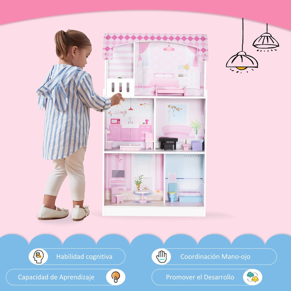 HOMCOM 2 em 1 binquedo de cozinha Casa de bonecas 3 andares com 12 acessórios incluidos para crianças acima de 3 anos 60x 48x 106 cm rosa