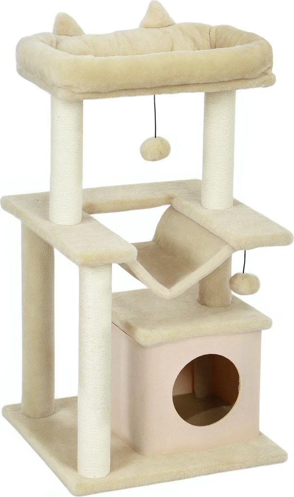 PawHut Árvore para Gatos, Arranhador com Brinquedo, Barra de Descanso, Rede, 48 x 48 x 90 cm, Creme | Aosom Portugal