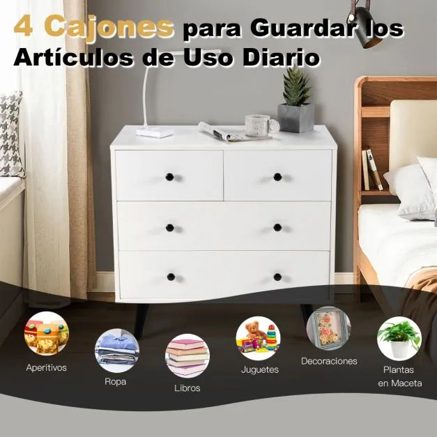 Cómoda de 4 Gavetas de Madeira Moderna de Quarto Branca