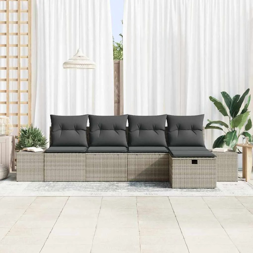 Conjunto de Sofá de Jardim de 5 Peças com Almofadas Cinza Claro Rattan