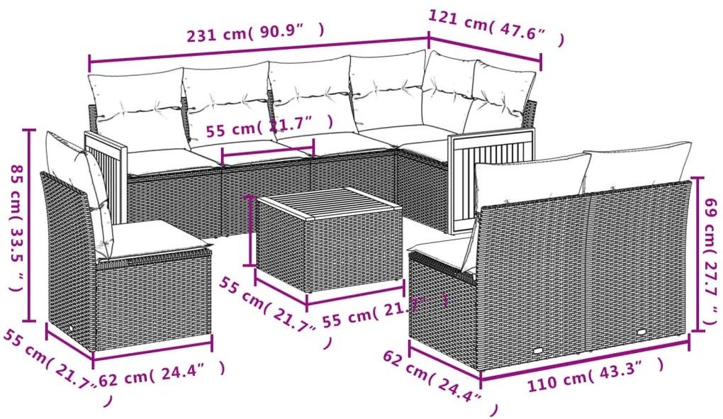 9 pcs conjunto de sofás p/ jardim com almofadões vime PE bege