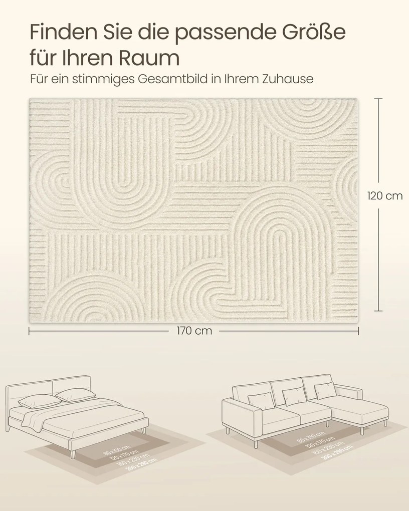 Tapete sala, quarto 3D 170 x 120 cm, lavável na máquina e antiderrapante branco creme