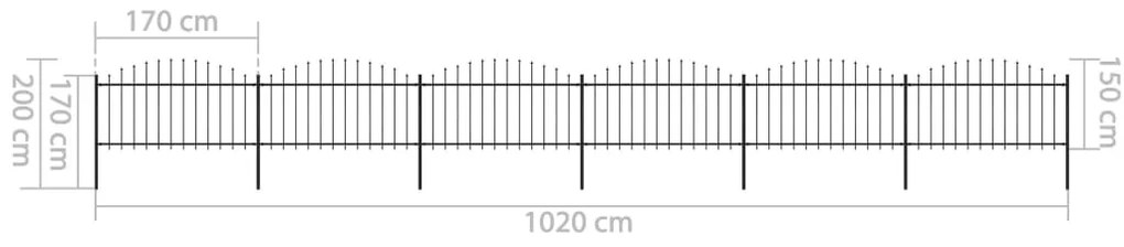 Cerca de jardim com topo em lanças (1,25-1,5)x10,2 m aço preto