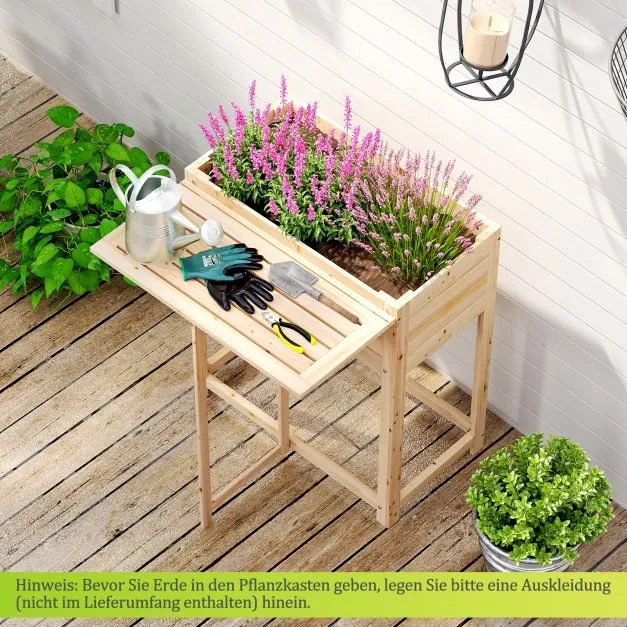 Floreira elevada com tampa dobrável 63 x 67 x 74 cm, em madeira com orifícios de drenagem natural