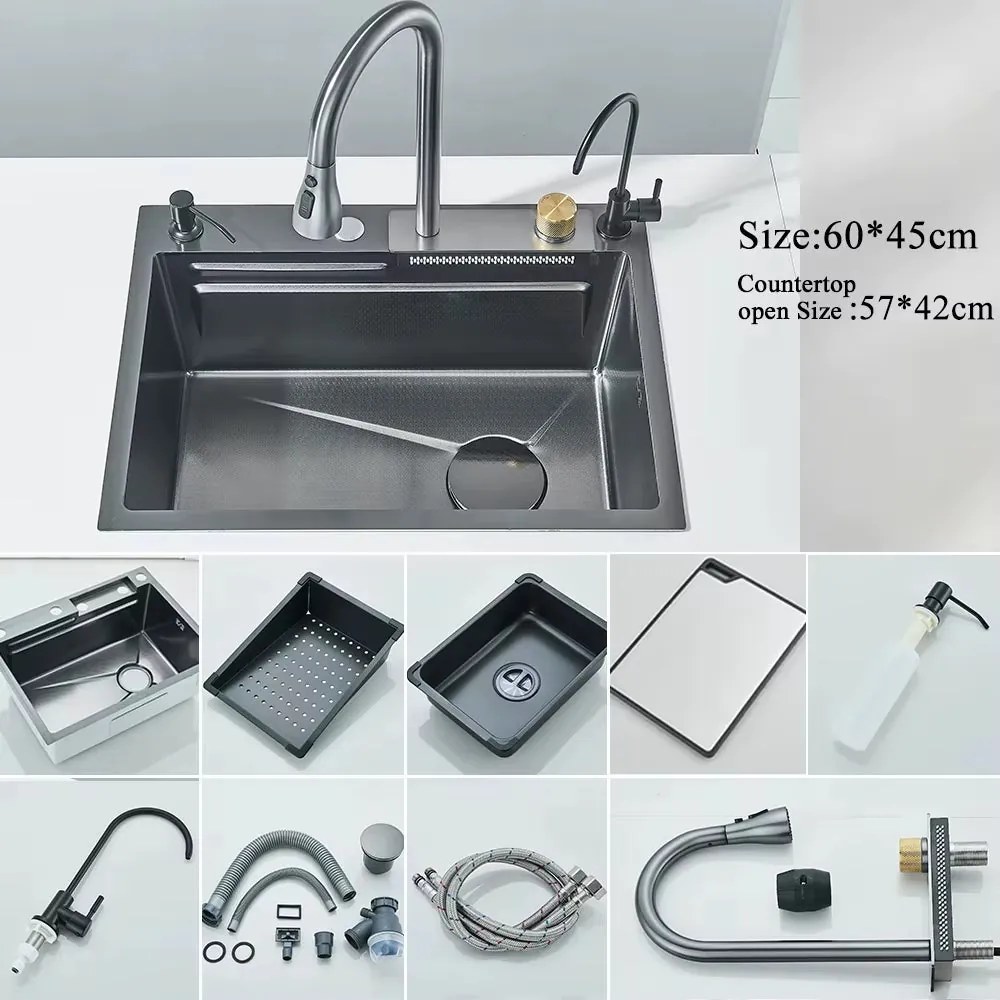 Lava-Loiça de Cozinha em Aço Inoxidável 304 com Cascata e Display Digi