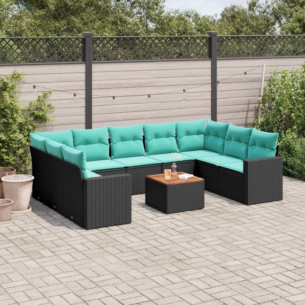 vidaXL 10 pcs conjunto de sofás p/ jardim c/ almofadões vime PE preto