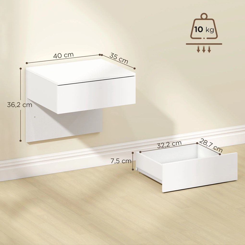 Conjunto de 2 Mesas de Cabeceira Suspensas com Gaveta para Fixar na Parede para Quarto 40x35x36,2 cm Branco Brilhante