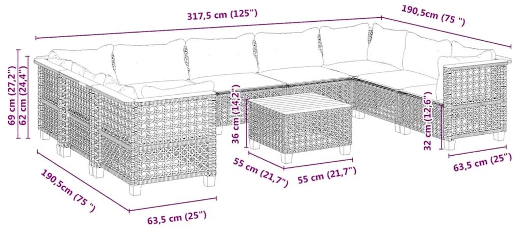 10 pcs conjunto de sofás p/ jardim com almofadões vime PE bege