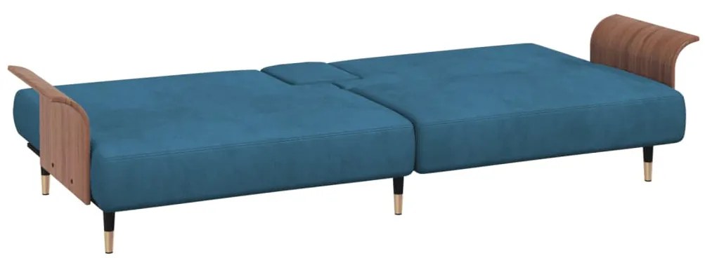 Sofá-cama com suporte para copos veludo azul