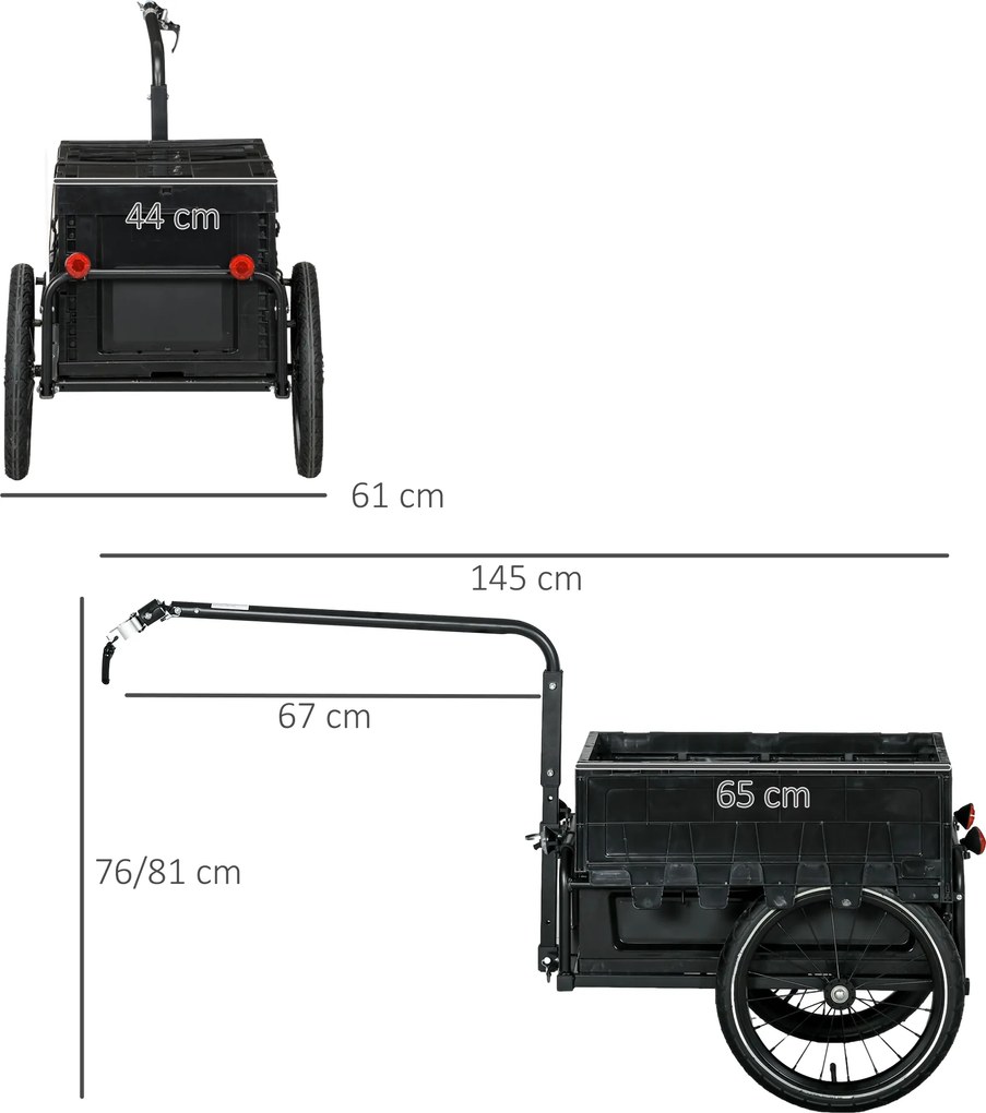 Reboque para bicicleta com caixa de arrumação removível e dobrável de 65 L, refletores de segurança, carga máxima de 40 kg, preto