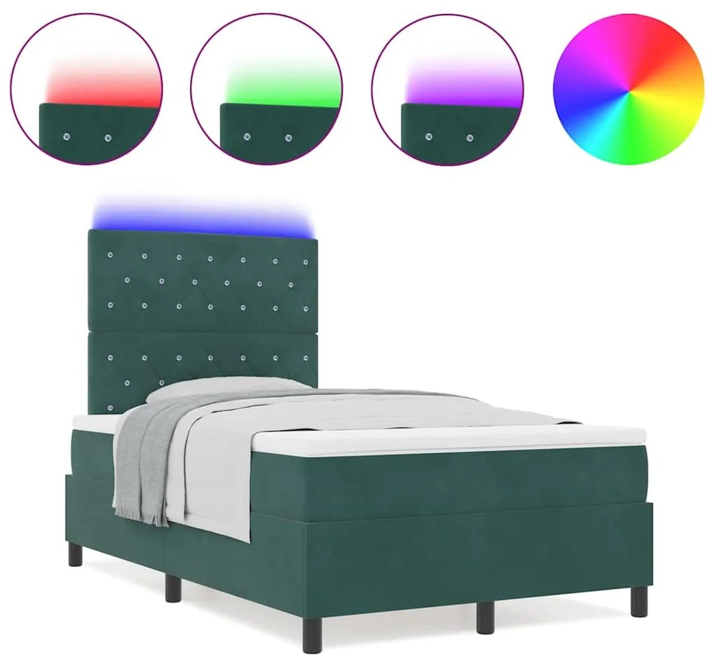 Cama Box com Colchão &amp; LED Verde Escuro 120x200 cm Veludo