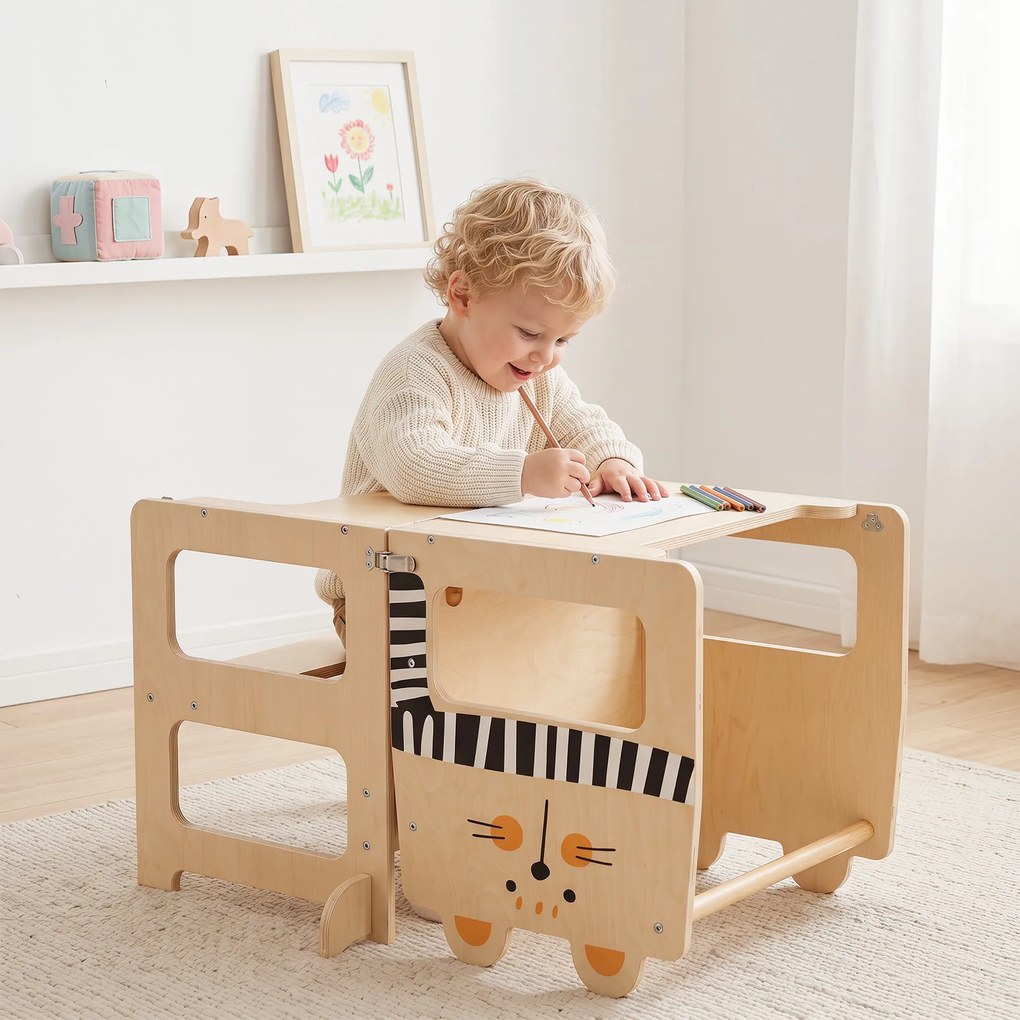 Torre de Aprendizagem Infantil 3 em 1, 63 x 39 x 93,5 cm, Convertível em Secretária e Banco, Natural