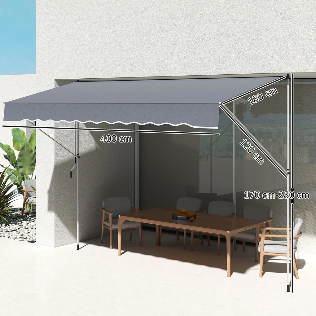 Toldo Manual Retrátil 4x1,2 m Altura Ajustável 170-280 cm com Manivela Anti-UV e Impermeável Sem Perfuração Cinzento Escuro