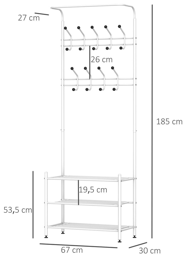 HOMCOM Móvel Cabide de Entrada com 18 Ganchos e Sapateira Armário de Entrada com Cabide com 3 Prateleiras 67x30x185cm Branco