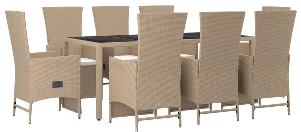 9 pcs conjunto de jantar p/ jardim com almofadões vime PE bege