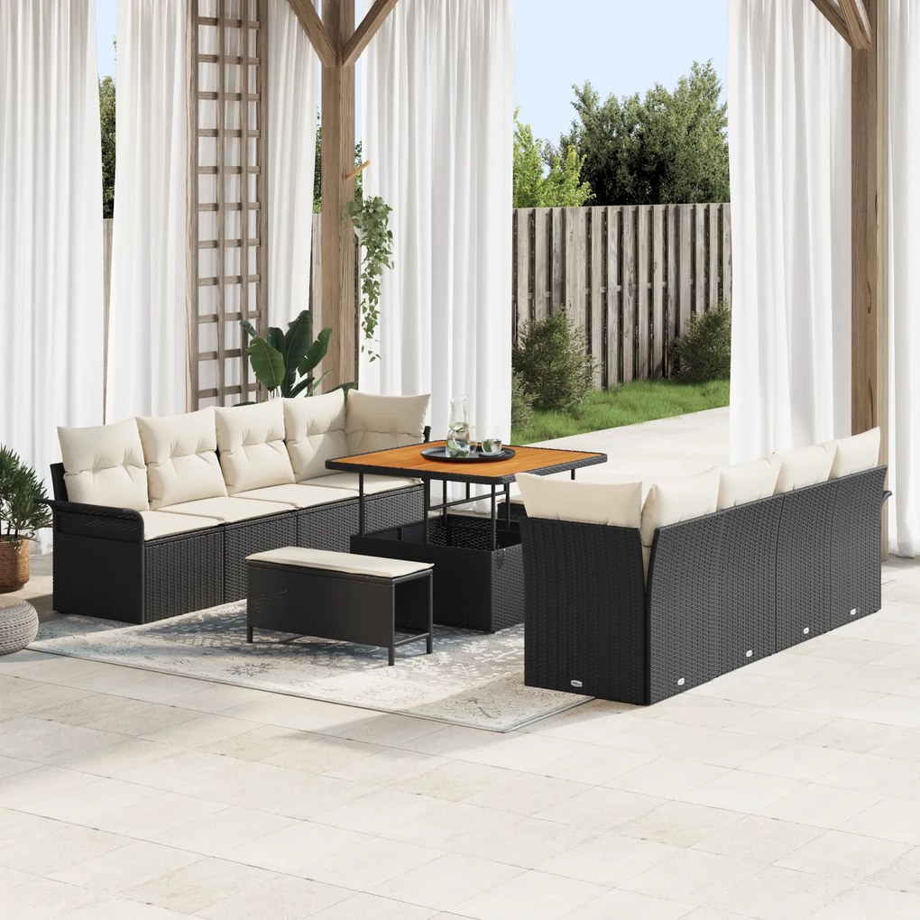 Conjunto de Sofá de Jardim vidaXL 11 Peças com Almofadas Preto Rattan