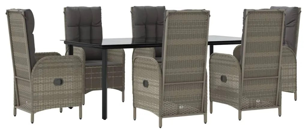 7 pcs conjunto jantar jardim c/ almofadões vime PE preto/cinza
