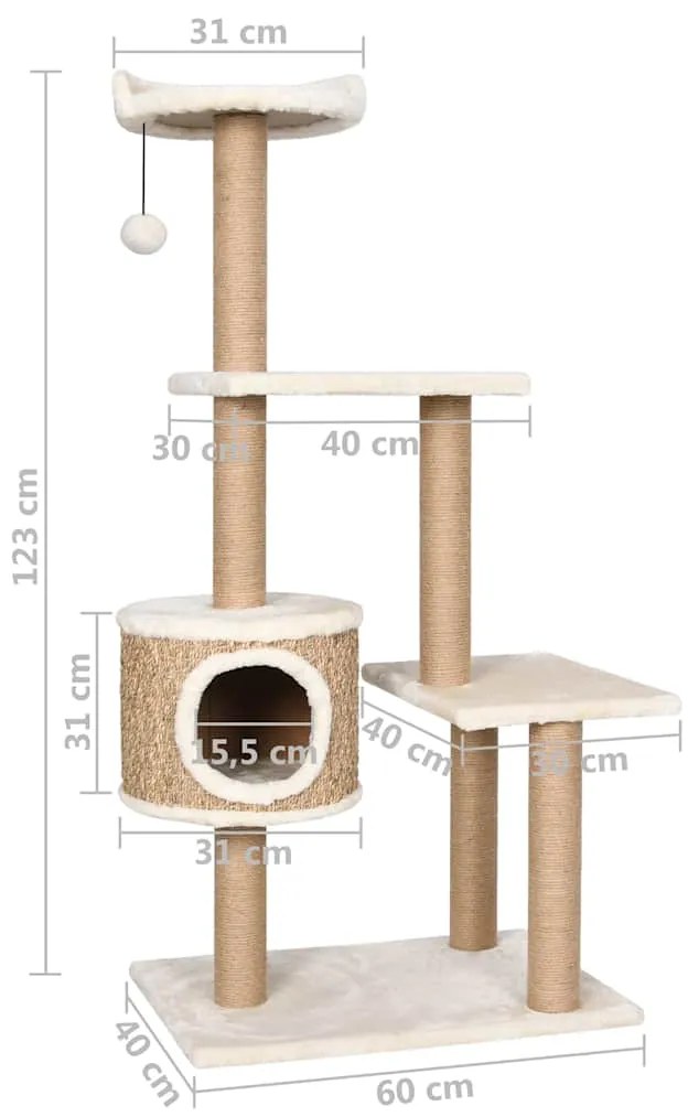 Árvore para gatos c/ postes arranhadores 123 cm erva marinha