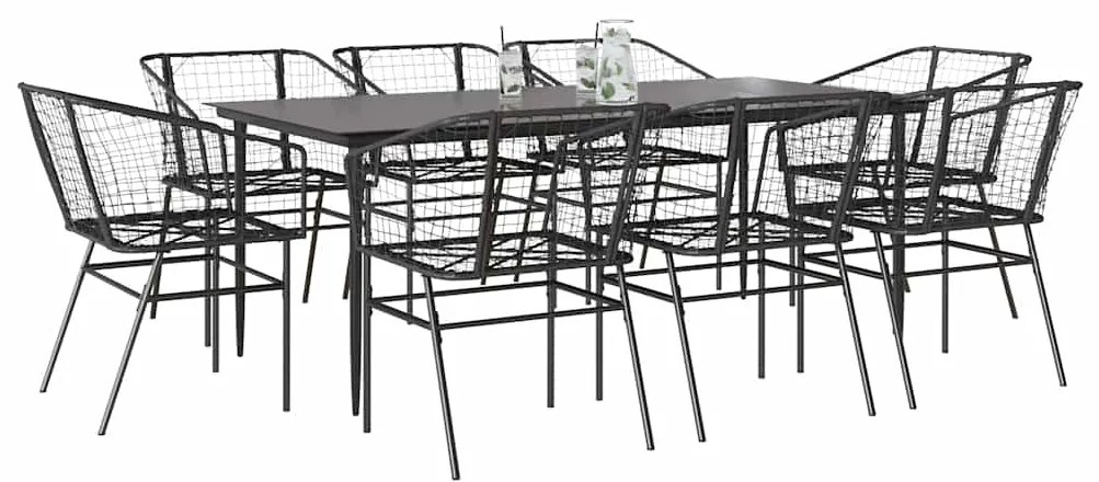 Conjunto de jantar jardim 9 peças vidro vime PE preto