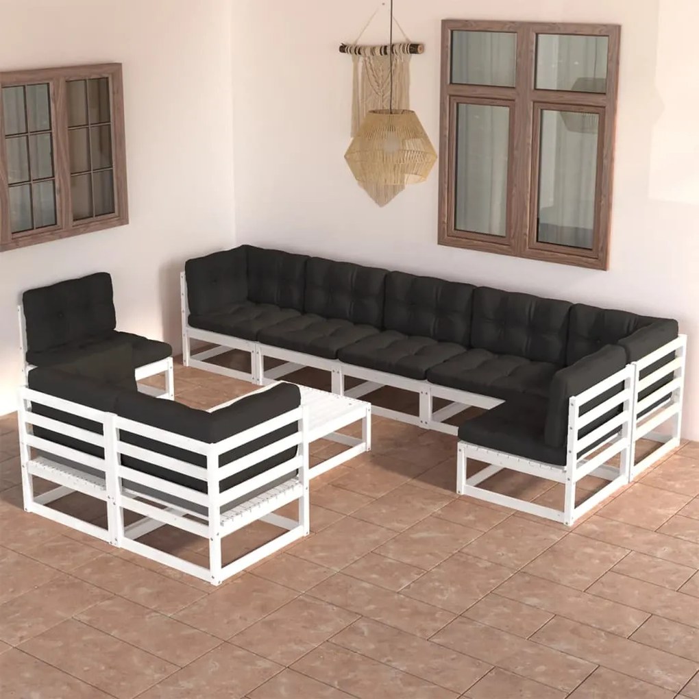 10 pcs conjunto lounge de jardim com almofadões pinho maciço