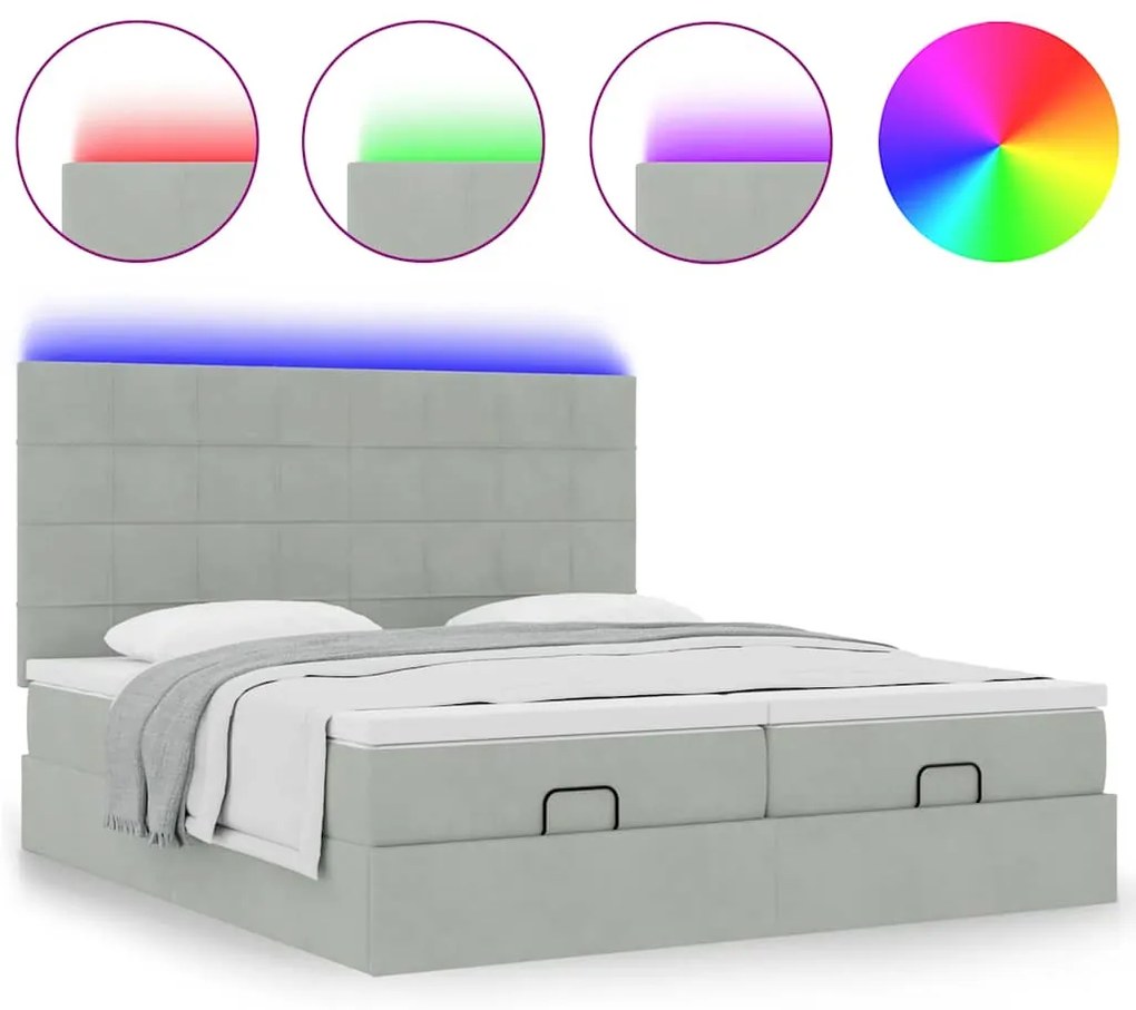 Estrutura cama otomana colchões 180x200cm veludo cinzento claro