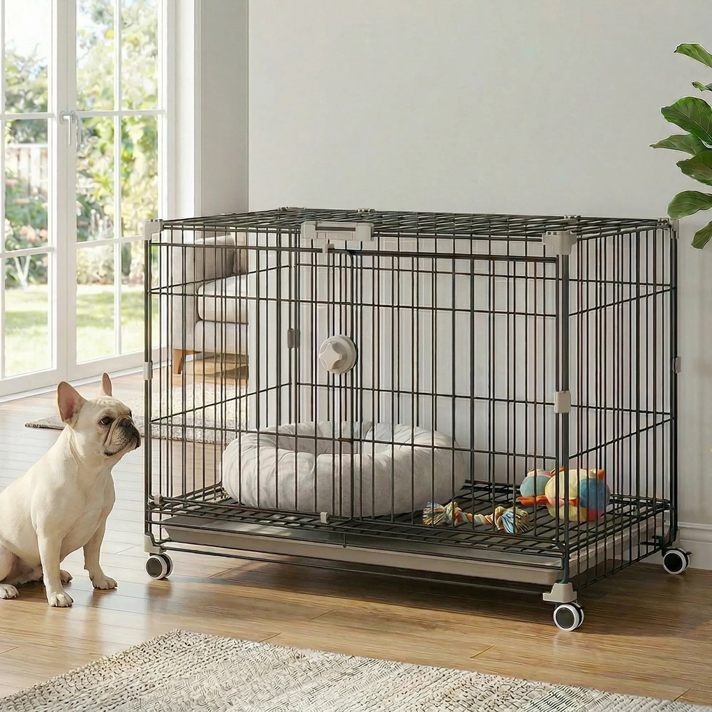 Gaiola dobrável para cães 75,5 x 46 x 64,5 cm, tabuleiro removível, rodas com travões, teto abrível com fecho de segurança, preta