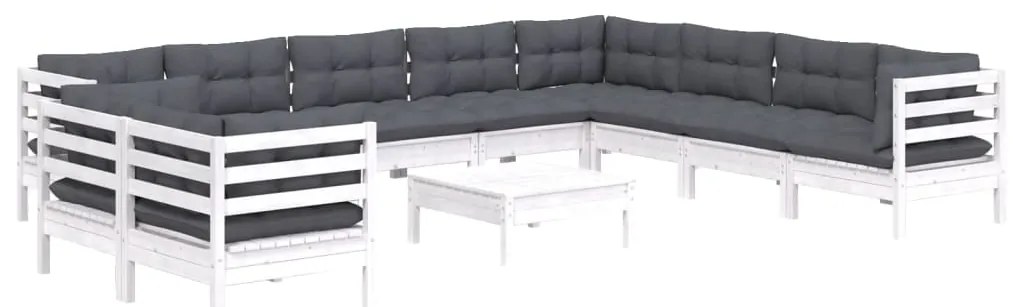 11 pcs conj. lounge de jardim c/ almofadões pinho maciço branco