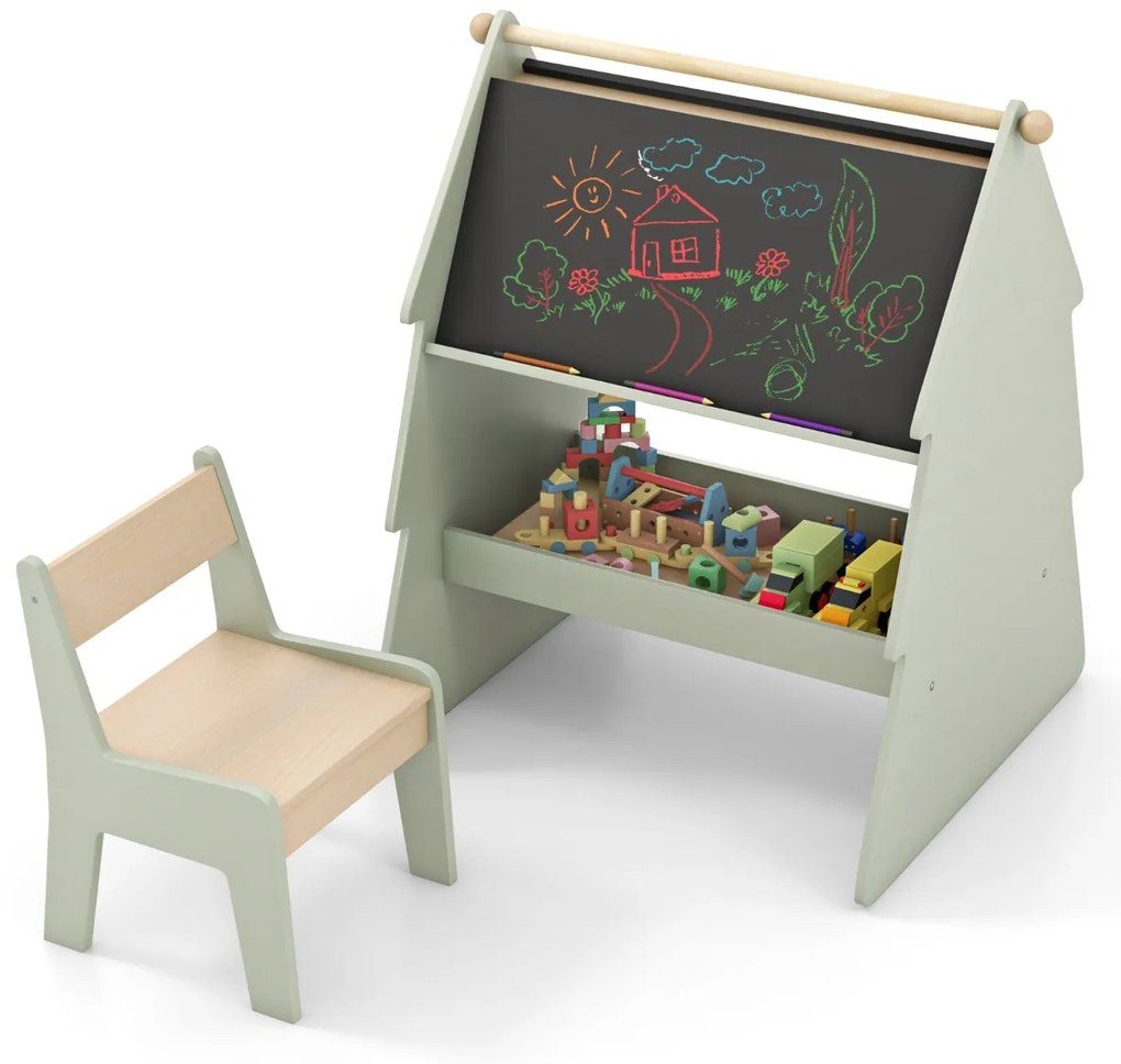 Conjunto de quadro negro de dupla face para crianças com banco com suporte para rolo de papel Estante verde