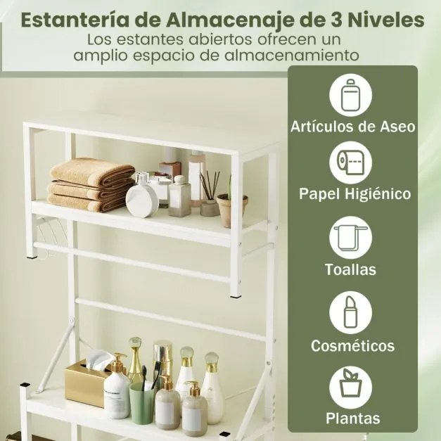 Estante de armazenamento Metal 64 x 24 x 162 cm para colocar em cima da Sanita de 3 níveis com ganchos para toalhas Branco