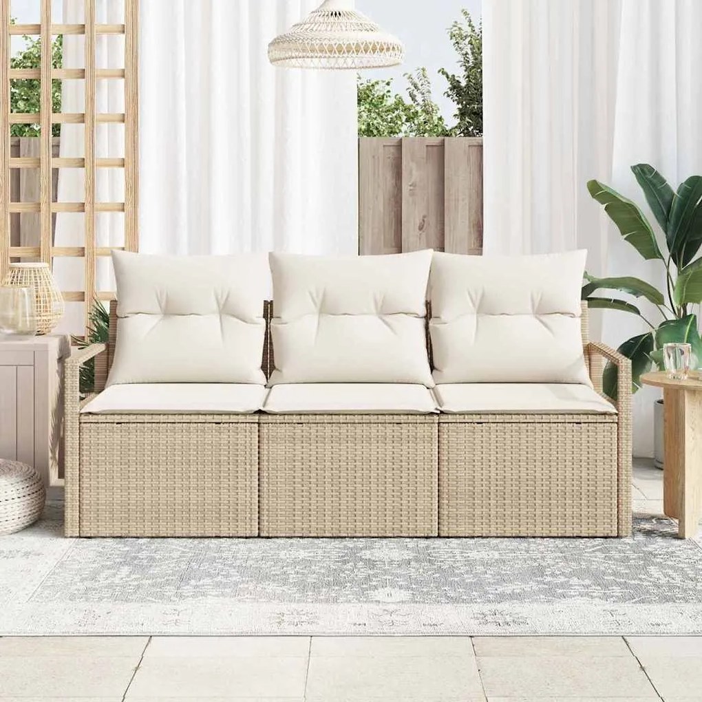 Conjunto de sofá de jardim 3 peças com almofadas bege em rattan sintét