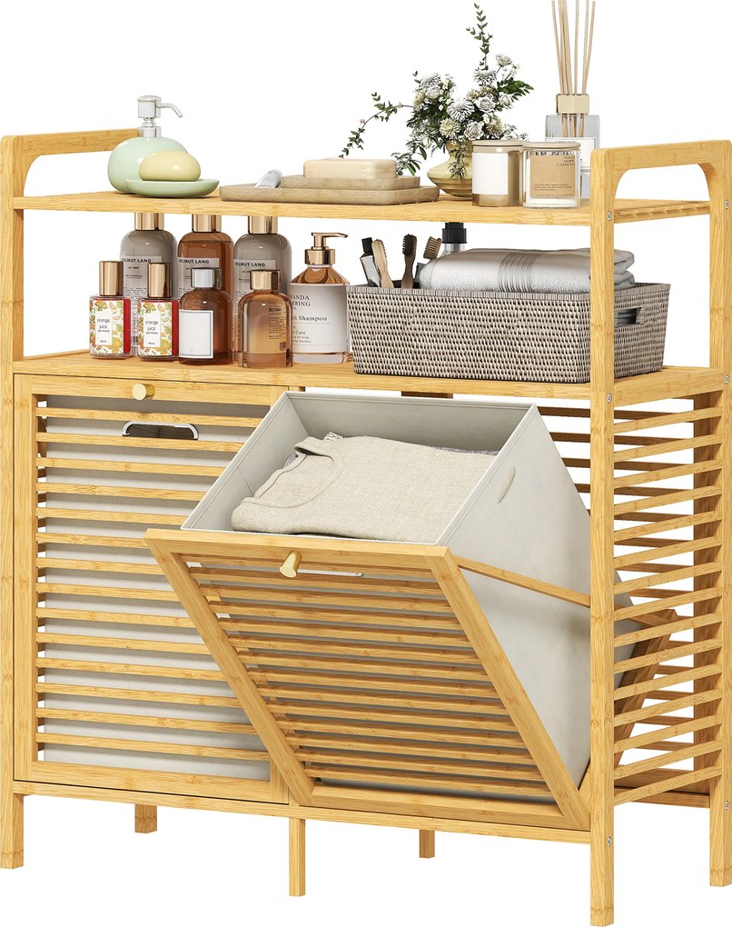 Móvel de casa de banho em bambu, armário de casa de banho com 2 cestos para roupa suja e 2 prateleiras, 82 x 33 x 88 cm, madeira natural