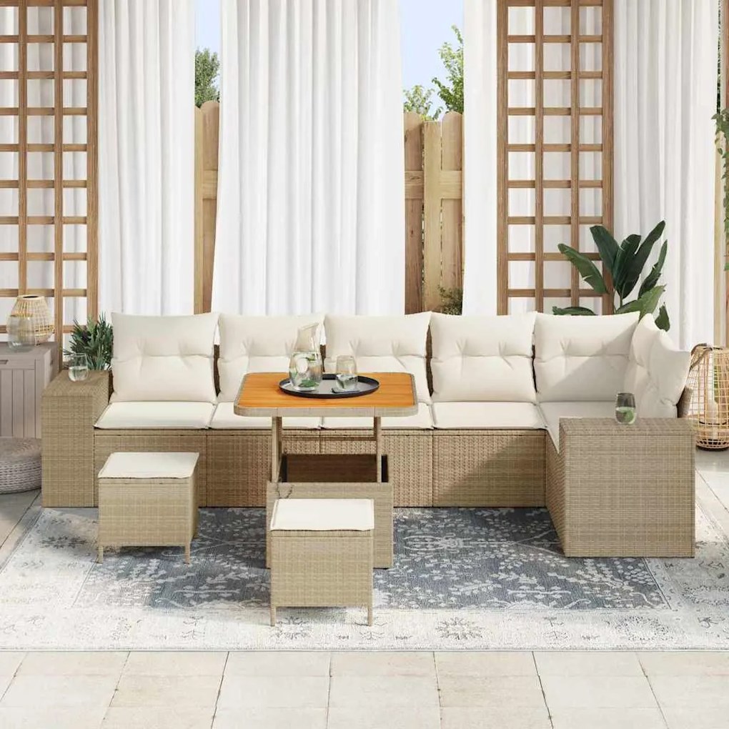 Conjunto de Sofá de Jardim de 9 Peças com Almofadas Bege em Rattan Sin