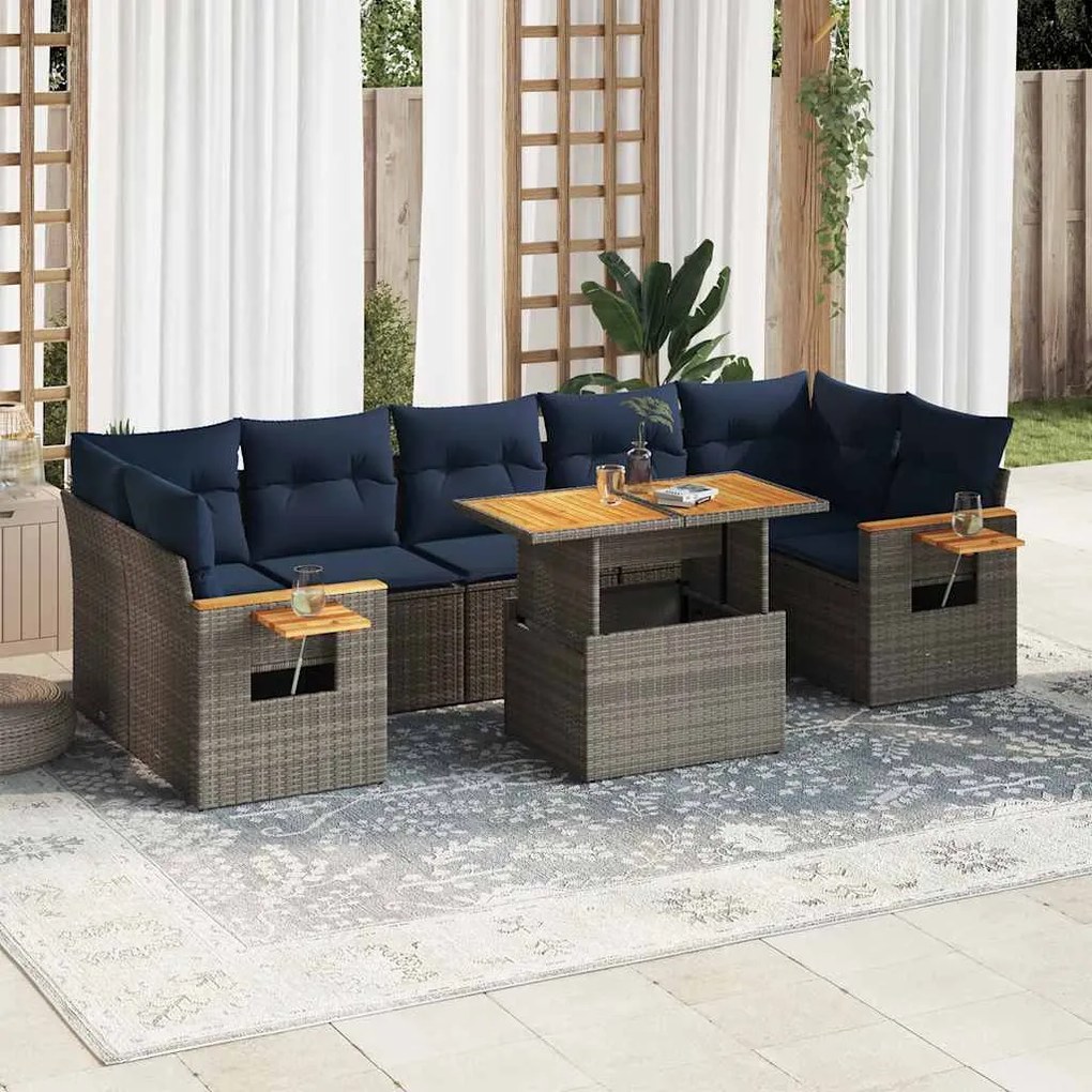 8 pcs conjunto sofás de jardim c/ almofadões vime PE cinzento
