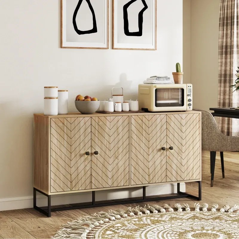 Aparador de Sala 140,5x40x81,5 cm com 4 Portas com Design Chevron Prateleiras Ajustáveis Pés de Aço cor Carvalho
