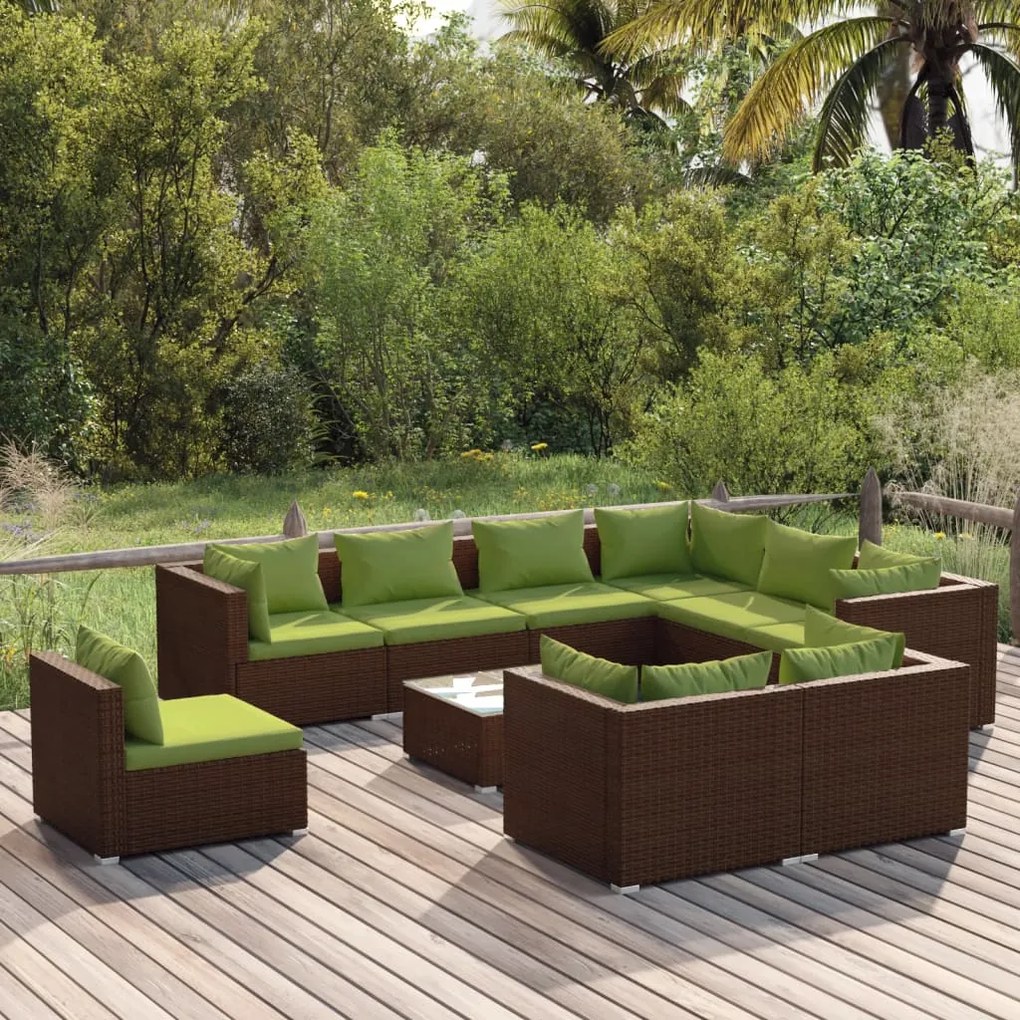 vidaXL 10 pcs conjunto lounge jardim c/ almofadões vime PE castanho