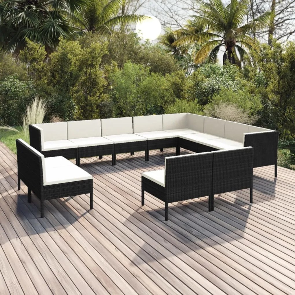vidaXL 12 pcs conjunto lounge de jardim c/ almofadões vime PE preto